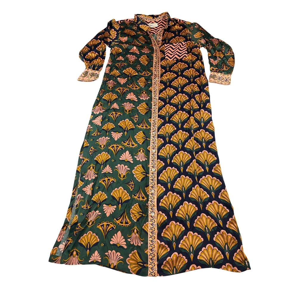 Printfresh Mixed Fan Tiger Print Button Down Midi Dress Gatsby Green Gemstone M